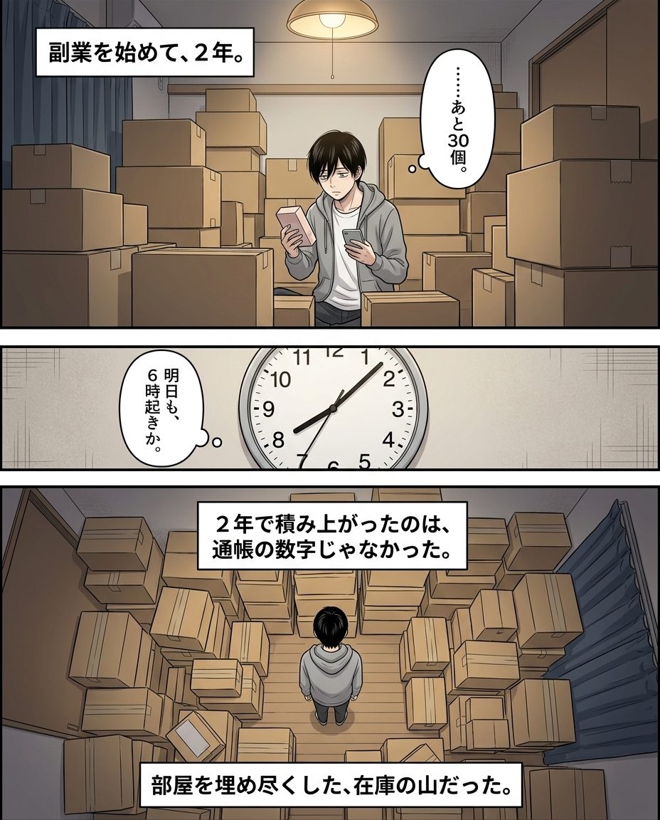 1ページ目：深夜、在庫の段ボールに埋もれて検品するユウキ